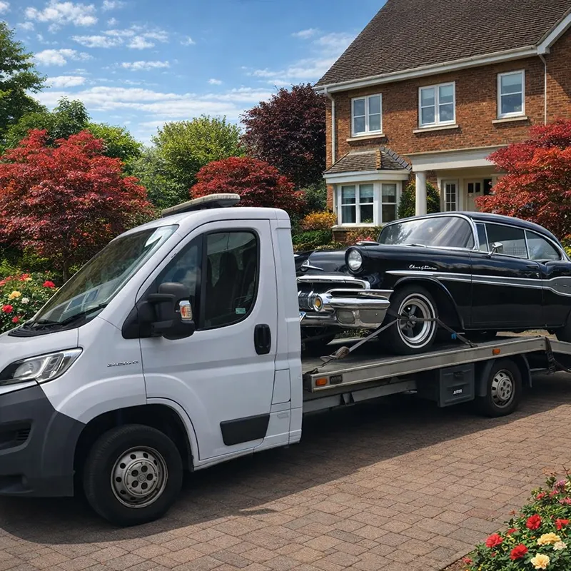 Classic car being towed on flatbed recovery truck serving A1, North London