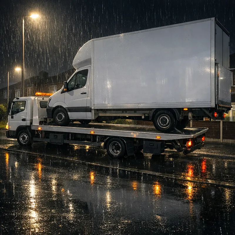 High-top van being towed at night on the A1, North London