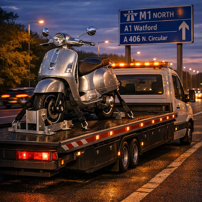 Professional motorcycle recovery using soft straps and wheel chocks